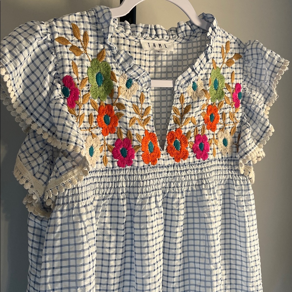 THML White & Blue Gingham Mini Dress with Multicolor Floral Embroidery - Picture 2 of 8